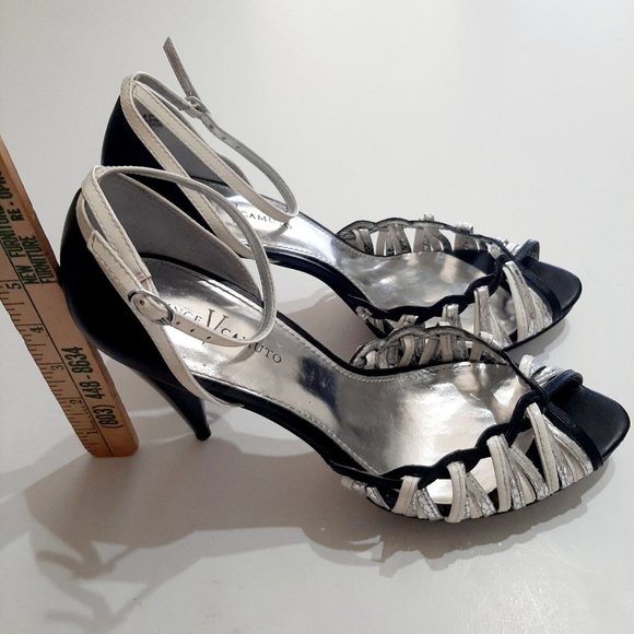 VINCE CAMUTO Regal Black & White Heels Cone Peep Toe Heels Size 10B - Picture 2 of 7